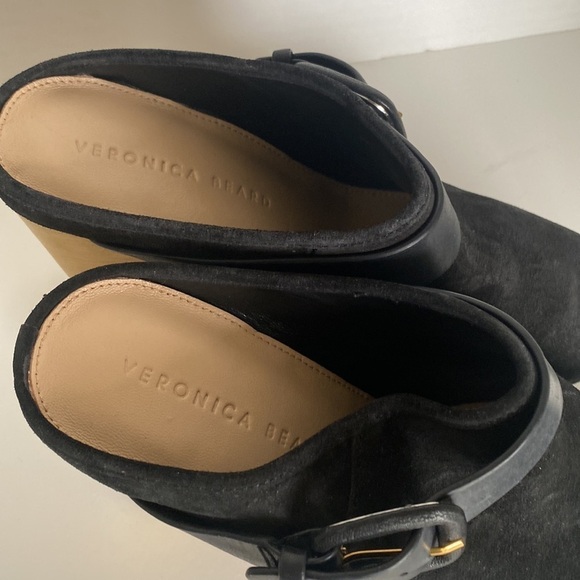 VERONICA BEARD Dacey Clogs Buckled Strap Studded Black Suede Wooden Heel Mule - Picture 3 of 9
